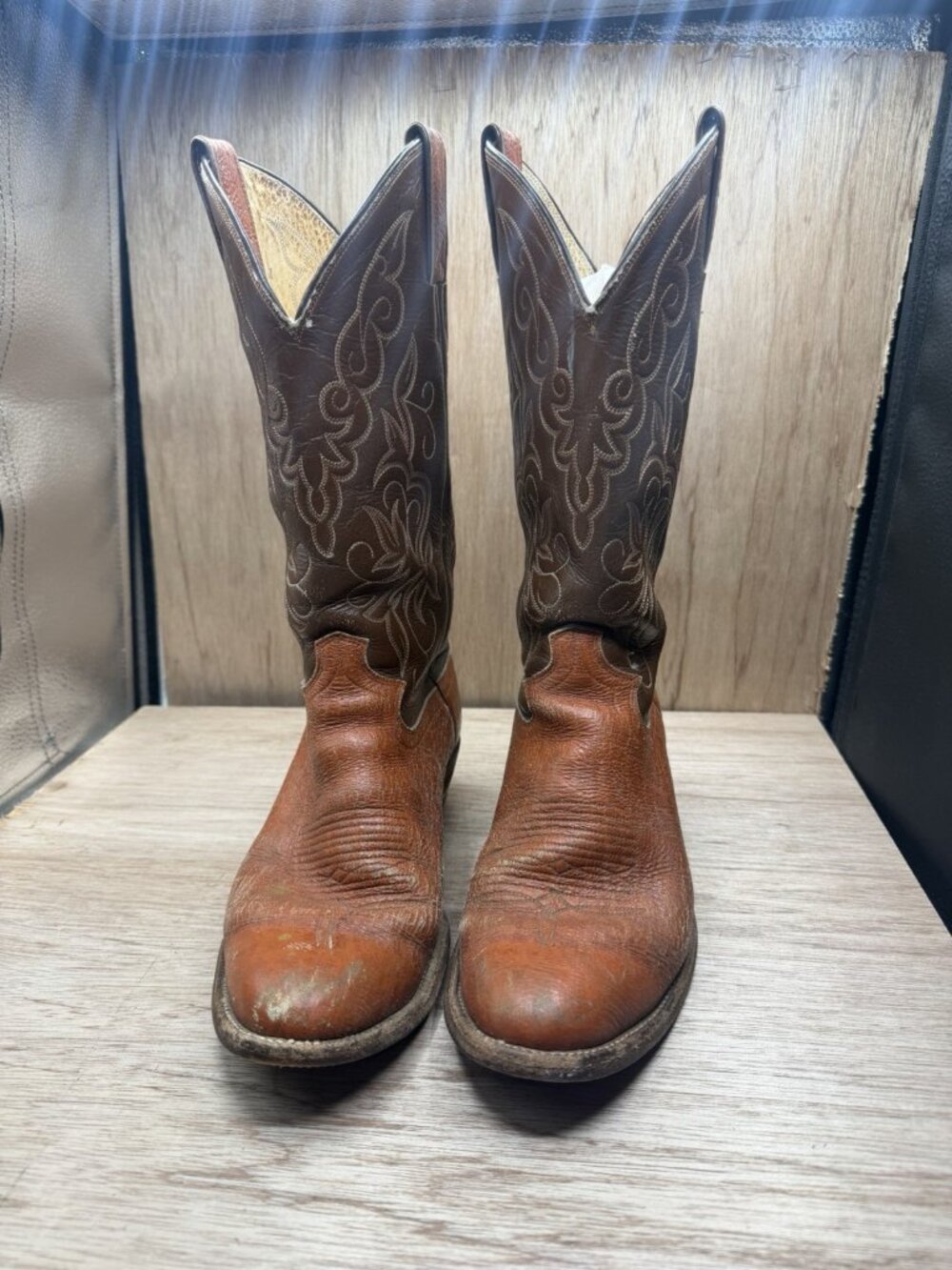 Justin Antelope Cognac Tan Brown Leather Western Boot Men 8.5 Two Tone 8013